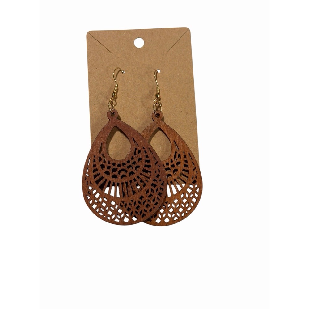 Wooden Teardrop Filigree Earrings Brown Laser Cut Boho Dangle Lightweight‎ Large